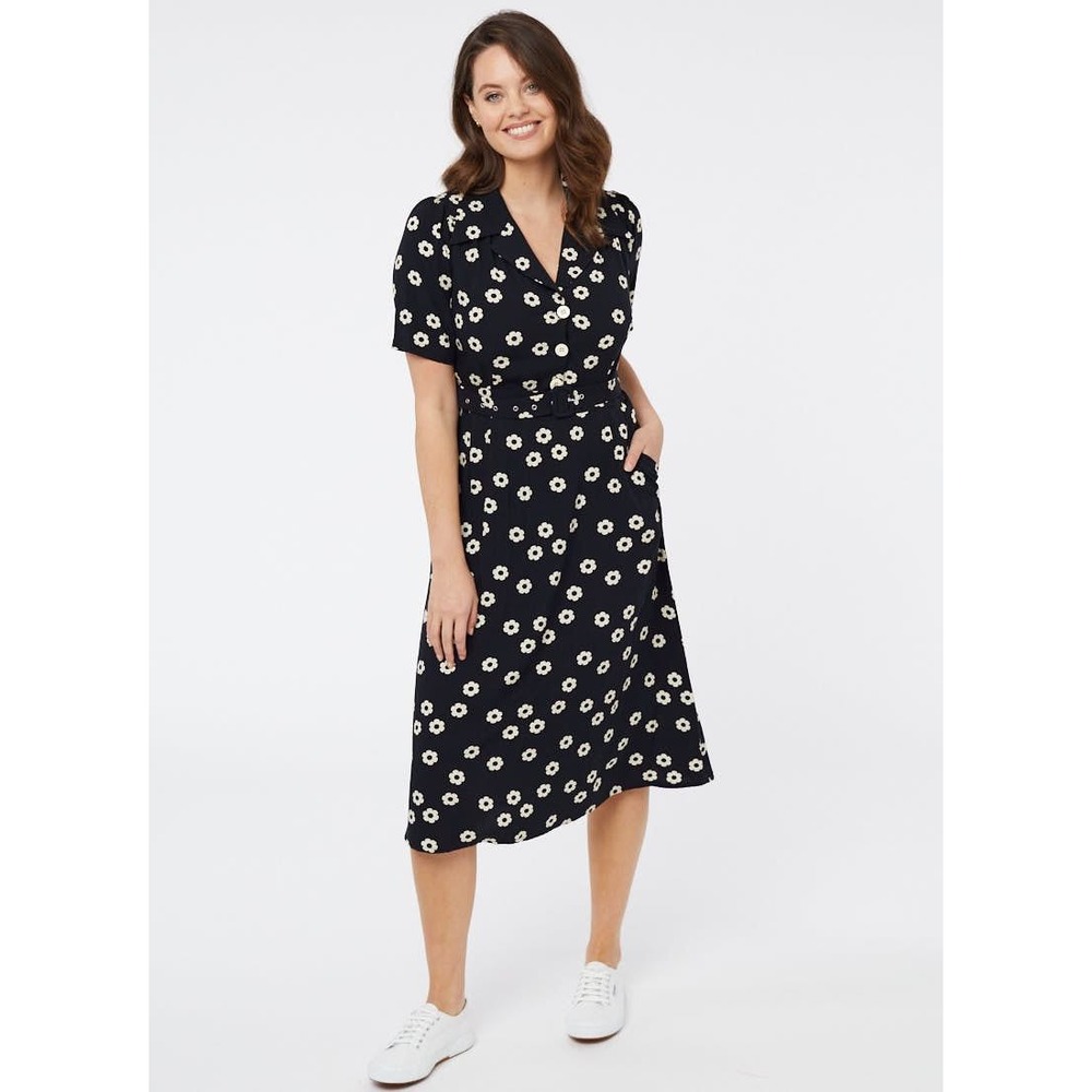 Joanie NWT Tally Floral Print Midi Tea Dress Black Daisy Button Front Belted- 10